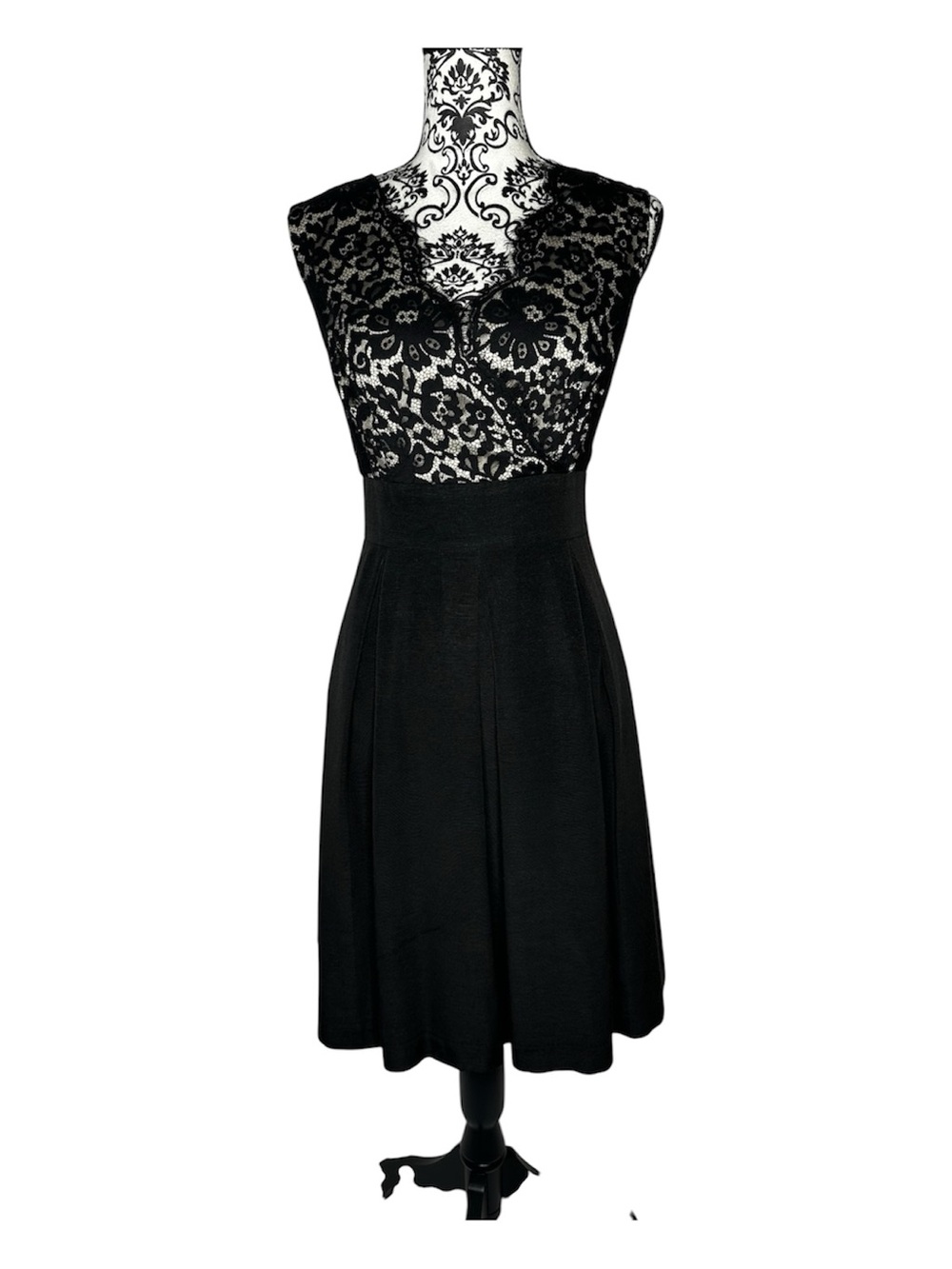 White House Black Market Cocktail Pleated Black Lace Fit-and-Flare Dress Size 12